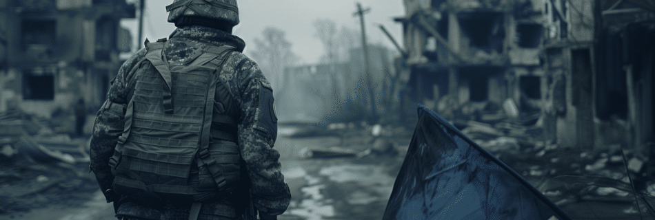 Un soldat ukrainien devant un champ de ruines avec un drapeau aux couleurs de l'Ukraine à sa droite