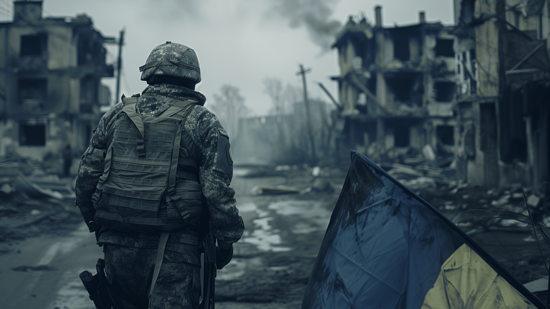 Un soldat ukrainien devant un champ de ruines avec un drapeau aux couleurs de l'Ukraine à sa droite