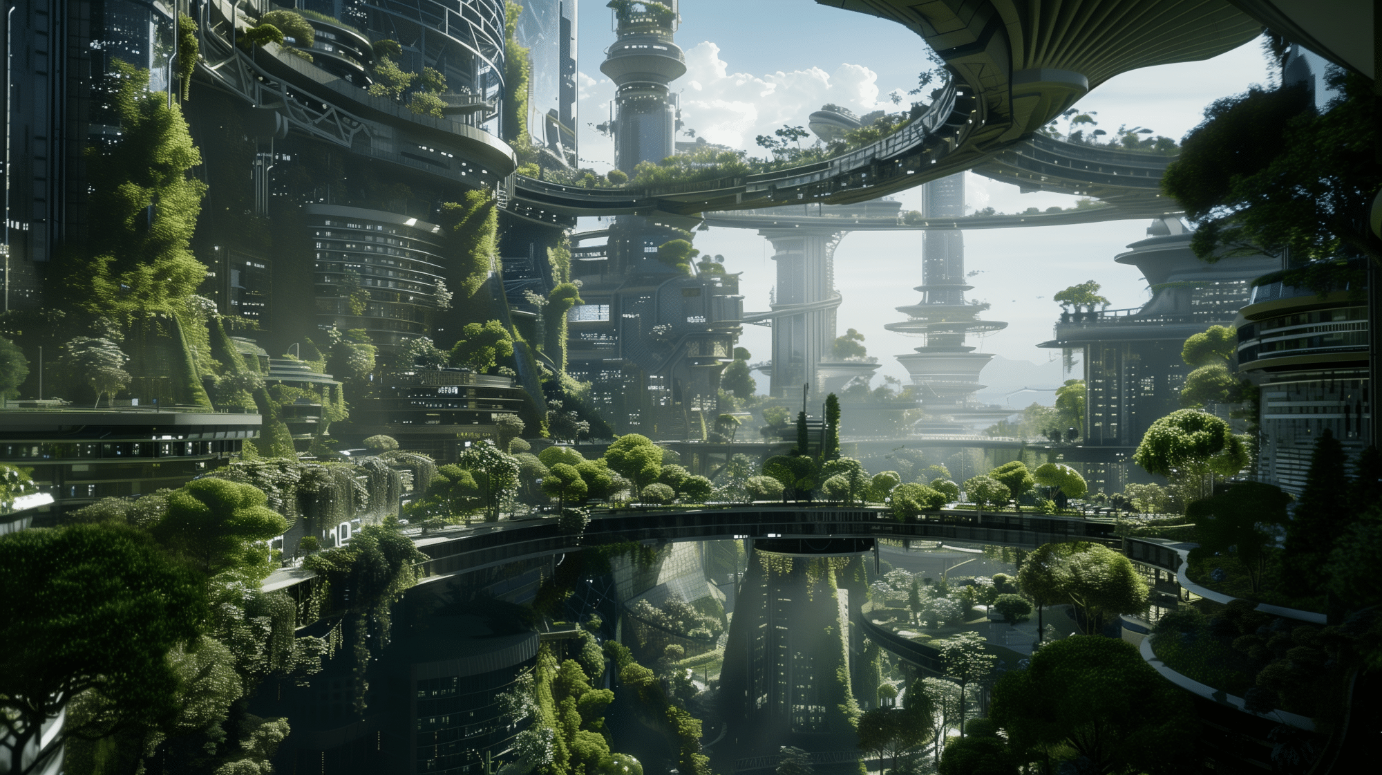 Une ville archéofuturiste où se côtoient immeubles utopiques et larges espaces de nature avec des arbres omniprésents