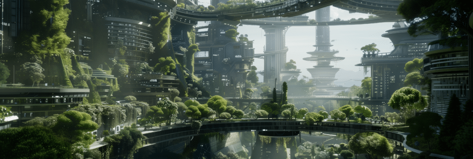 Une ville archéofuturiste où se côtoient immeubles utopiques et larges espaces de nature avec des arbres omniprésents