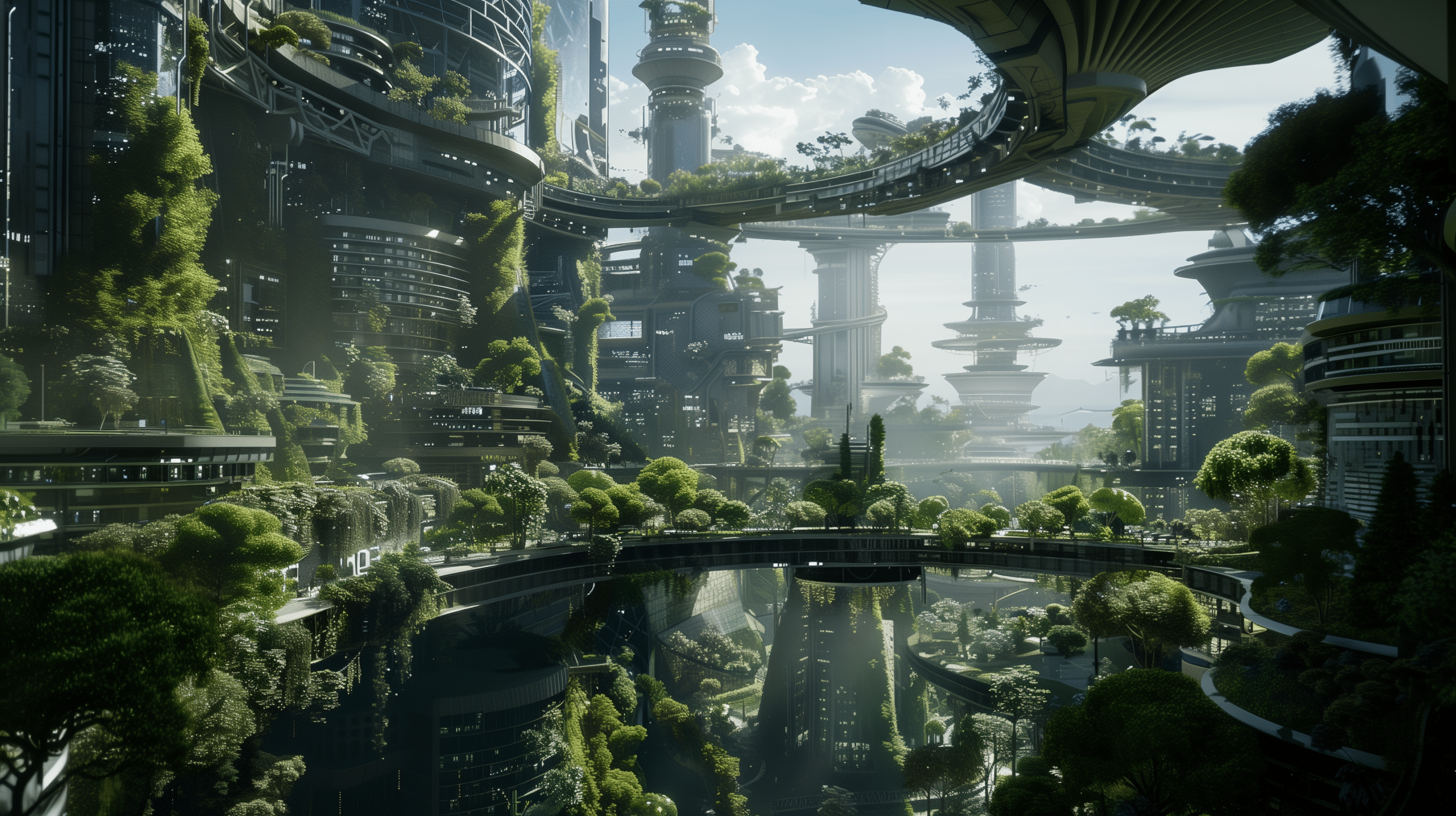 Une ville archéofuturiste où se côtoient immeubles utopiques et larges espaces de nature avec des arbres omniprésents